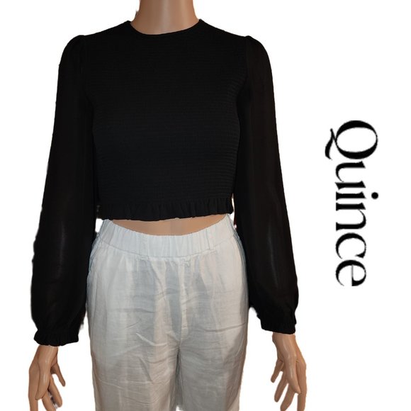 Quince Tops - Quince Chiffon Cropped Smocked Blouse NWT Black XS